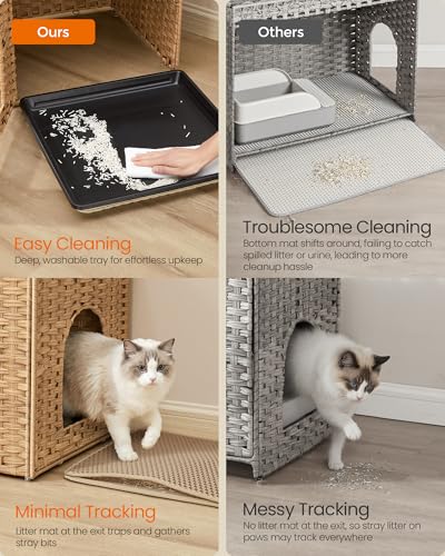 Feandrea Cat Litter Box Enclosure, Handwoven Rattan Hidden Furniture | Extra Mat, Removable Washable Tray, Boho Cat House, End Table, Goose Yellow UPCL024YE01 - color: Goose Yellow, size: S (20.7"L x 20.7"W x 22"H)