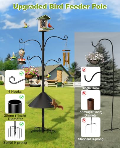 Heavy Duty Bird Feeder Pole Shepherds Hooks Squirrel Proof for Outdoor | Adjustable Heavy Duty Birdhouse Pole Smart Feeder Stand with 4 Hooks 9 Prongs Base Squirrel Baffle for Hanging Plant Garden - size: 93inch