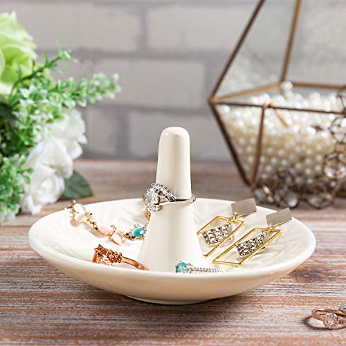 MyGift Decorative White Ceramic Ring Tray for Jewelry, Ring Cone and Trinket Tray with Raised Heart Design - color: White