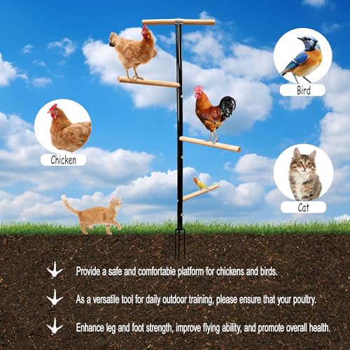 Large Chicken Perch Toys for Coop,Wooden Chicken Roosting Bars with 3 Legs Metal Ground Plug,1.25-Inch Thickened Steel Pipe, Improved and Upgraded Design of Wooden Pole Embedded in The Steel Pipe