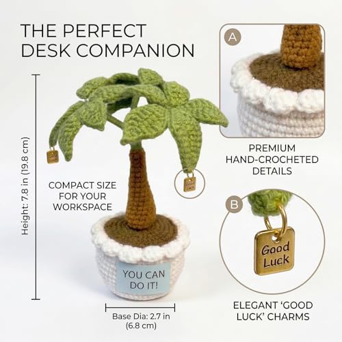 Emotional Support Crochet Money Tree with Sticky Notes Roll, Handmade Positive Desk Decor Plant with “Good Luck” Charms, 7 Inch Mini Office Home Ornament, Encouragement Gift for Coworkers, Friends