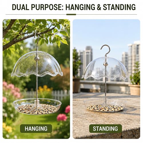 Hanging Platform Bird Feeder with Rain Shield Outdoor Feeder with Detachable Tray and 6.7” Clear Dome Rodent-Resistant Wild for Backyard, Garden, Balcony