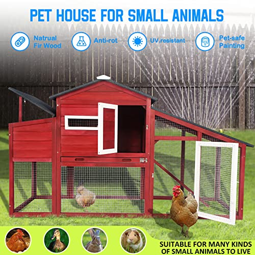 PetsCosset 71.3" Chicken Coop Wooden Backyard Hen House Indoor Outdoor Two Story Poultry Cage with Run, Chicken Nesting Box, Pull Out Trays and Anti-Slip Asphalt Ramp