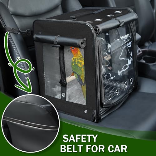 Bird Carrier with Seat Belt for Car Travel, Bird Backpack Carrier with Indestructible Stainless Steel Mesh, Large Bird Carrier Travel Cage, Black - color: Black, size: 13.5"L x 10.0"W x 15.5"H