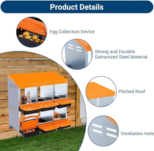 6-Hole Chicken Nesting Box with Removable Lid, Metal Chicken Coops with Roll Away Design/Easy Egg Collection/Ventilation Holes, for Chickens Coops, Duck and Hens - color: Orange, size: 6 holes without legs