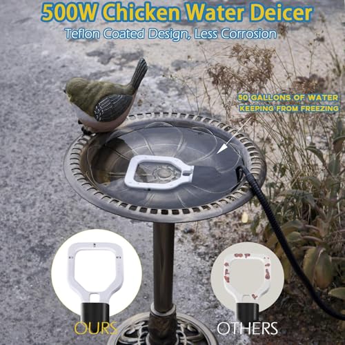 500W Chicken Water Heater, 50Gal Chicken Water De-Icer, Cast Aluminum Submersible De-Icer with Thermostat Control for Livestock Tank