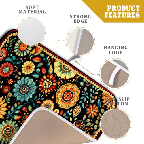 Bohemian Style Flowers Drying Pad Boho Floral Dish Drying Mat for Kitchen Counter Absorbent Microfiber Drainer Rack Mat - color: Boho Floral Black, size: 18" x 16"
