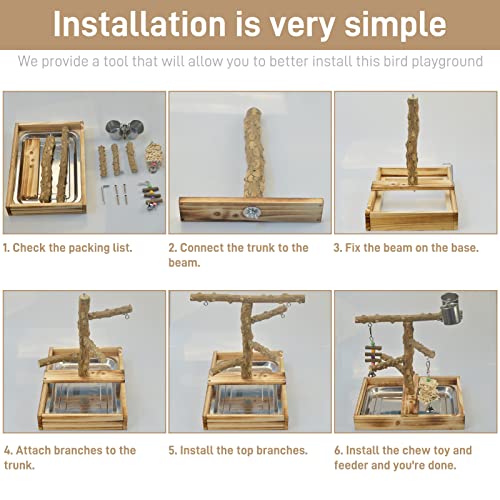 LIMIO Natural Wood Bird Toys Playground, Bird Cage Accessories, Bird Perches, with Removable Tray and 2 Stainless Steel Cups