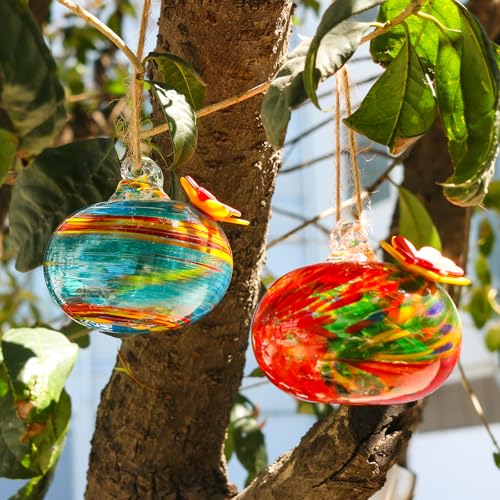 2 Pcs Blown Glass Hummingbird Feeder for Outdoors Hanging | Ant & Bee Resistant Window Bird FeederHandmade Garden Decor Gift for Women - Small Round Glass Feeders Bundle - color: Ellipse B2