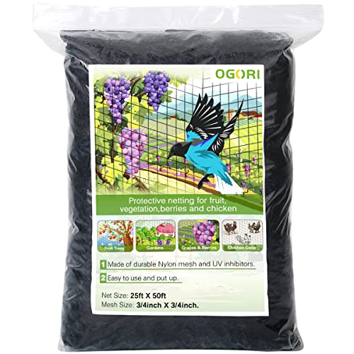 OGORI 25' x 50' Bird Netting Heavy Duty Nylon 3/4" Mesh Garden Netting Protect Fruit Trees, Plants and Vegetables - size: 25'×50'-3/4''