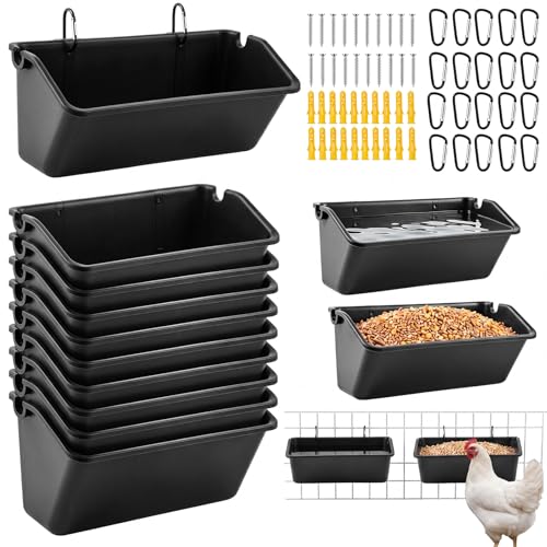 10 Pack Chicken Feeder,5 Quart Hanging Goat Waterer,Black | Two Mounting Options, Metal Clips and Screws,Solid base without holes,Livestock Feed Buckets for Sheep Duck Coop, Farm, Geese - color: Black