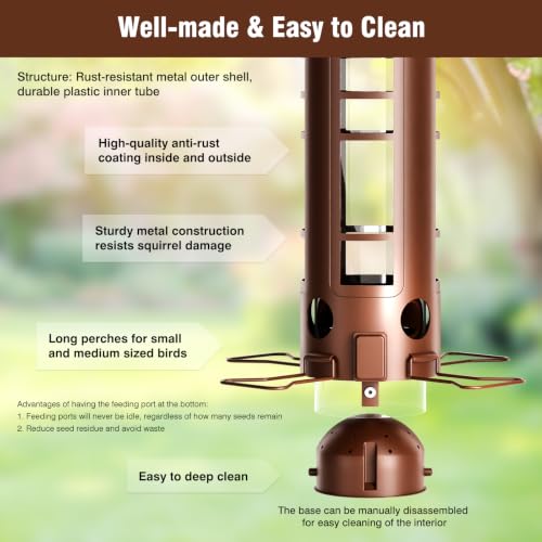 Squirrel Proof Bird Feeder for Outdoors, 360° Weight-Sensitive Activation, Removable Base for Easy Cleaning, 3 Lbs Capacity, 4 Feeding Ports, Tube Metal Bird Feeder for Cardinals, Finches - color: Bronze