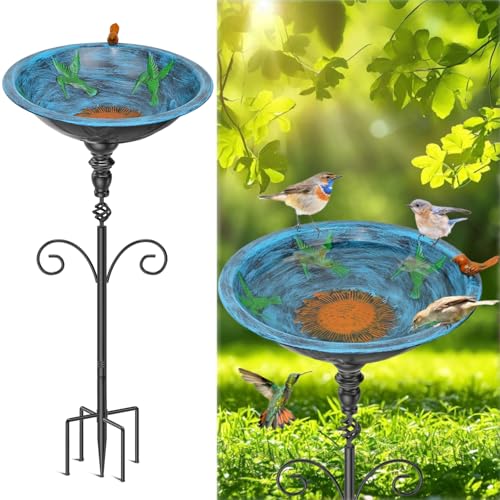35In Tall Bird Bath for Outside, Vintage Metal Birdbaths & Birdfeeder with 5 Prong Bases for Outdoors, Freestanding Bird Baths Feeder Bowl with for Garden Yard Lawn Decor (Retro Blue) - color: Retro Blue