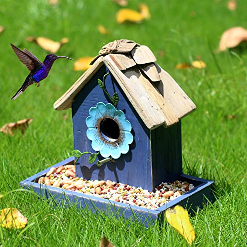 Bird Feeder House for Outside Hanging, Wooden Birdhouse Bluebird House Feeder Handcrafted Hut - color: 1-Blue