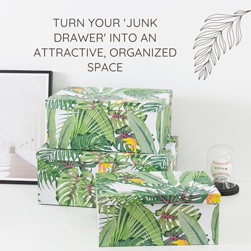 Soul & Lane - Tropical Breeze Decorative Storage Boxes with Lids, Set of 3 | Large Nesting Keepsake Boxes for Photos and Gifts, Green Jungle Leaves Palm Tree Containers, Hawaiian Beach Theme Decor - color: Tropical Breeze