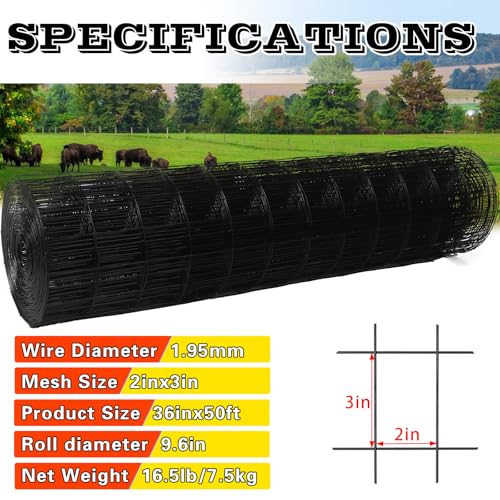 Welded Wire Fence 36inx50ft, 16GA, Mesh Size 2" x 3" Black Hardware Cloth, Chicken Wire Fence, PVC Coated Garden Border Fencing, Vinyl Coating Metal Wire Mesh for Yard, Dog Vegetable, Plant - size: 36inx50ft