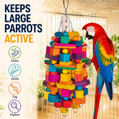 20"Large Bird Toys Natural Wooden Foraging Toys for Medium& Large Birds | 20” X-Large Bird Toys, Natural Wooden Material,Stainless Steel Chain,Bird-safe carabiner,Colorful Chew Toys,for Large Birds