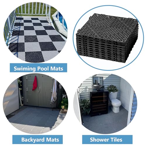 12” x 12” Drainage Interlocking Floor Mats 8 Pack for Outdoor and Indoor | Non-Slip Pool Deck Drain Mats Soft PVC Splicing Modular Cushion Rubber Flooring Tiles with Holes for Basement Garage Shed - size: Black