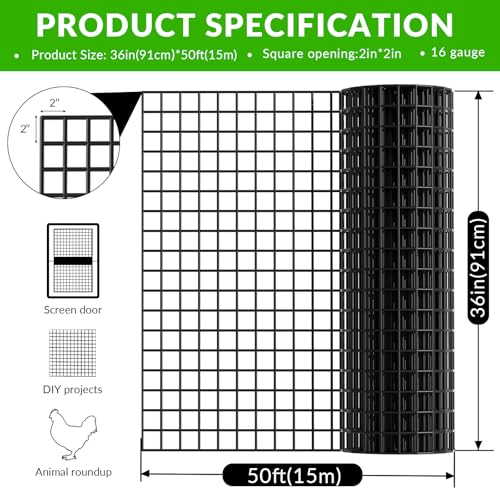 Welded Wire Fencing 36 Inch x 50 Foot,2 Inch x 2 Inch 16GA Black PVC Wire Fence,Vinyl Coating Metal Wire Mesh for Yard Vegetable Protection Goat & Poultry Netting - size: 36in*50ft 2″×2″