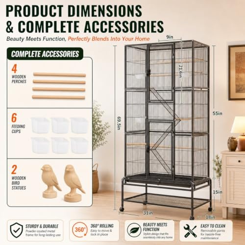 69.5 Inch Extra Large Wrought Iron Parrot Cage Divided Breeding Cage with Grid Dividers Built in Pet Door Pedal Lock Wheels for Parrot Turtledove Oriole Cuckoo Black
