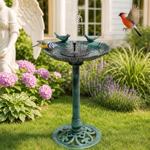 Athena Collection 31.5" Solar Powered Pedestal Bird Bath Fountain, Green | Detachable Solar Fountain Broad, 6 Spray Patterns, 5L Water Large Capacity，3 Ground Nails Included for Garden Yard Lawn - color: Green