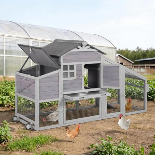 GUTINNEEN Chicken Coop with Wheels for 2-4 Chickens, Large Wooden Outdoor Hen House with Run, Waterproof & UV-Resistant Roof, Removable Leakproof Tray and Divided Nesting Box– Grey - color: (Grey-AIR32)