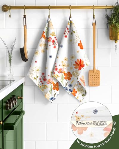 150GSM Flour Sack Kitchen Towels Set of 2, Red Flower | 18"x26", Lightweight, Lint-Free, Pure Cotton, Decorative, with Hanging Loop, Absorbent, Softer after Wash, Giftable Package - color: Red Flower