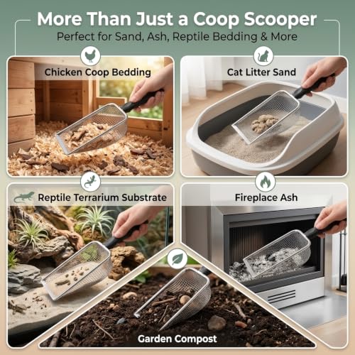 2 Pack Chicken Poop Scooper for Coop, Metal Mesh Sifters, 3.8mm & 5mm | 4-inch rake and scoop tools sift chicken poop, sand, litter and bedding; dual mesh sizes make daily coop cleaning easier.