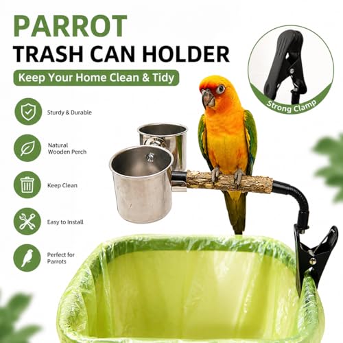 Bird Potty Training Stand with Trash Can Clip, Natural Wood Parrot Perch with 2 Stainless Steel Bowls for Cockatiels, Conures, Budgies, Lovebirds,4248-1