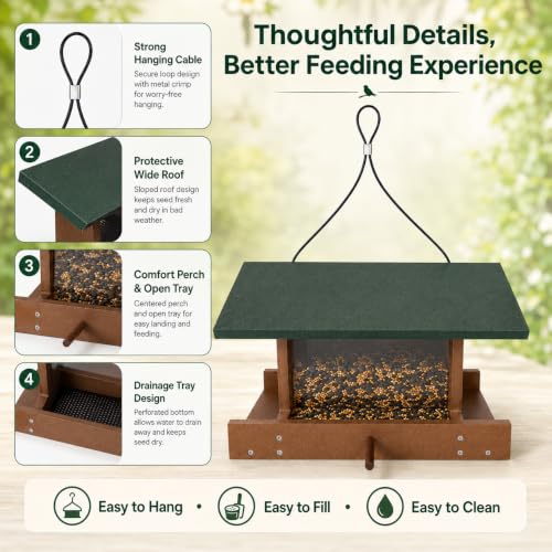 Bird Feeders for Outdoors Hanging, Recycled HDPE Bird Feeder with 2.2 LB Capacity, Clear Seed Reservoir, Flip-Top Roof for Easy Refilling, No Assembly Required, Weatherproof Wild Bird Feeder
