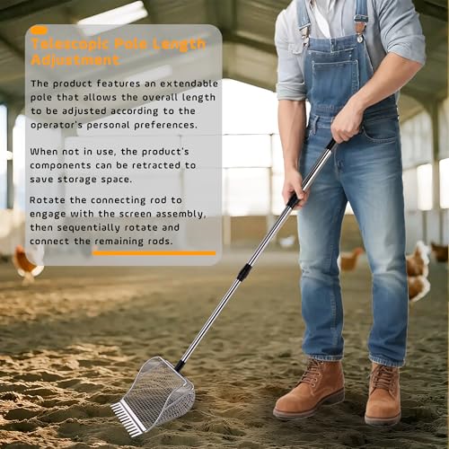 Chicken Poop Scooper for Chicken Coop, Stainless Steel Durable Manure Shovel with Infinitely Adjustable Length Handle, Poultry Cleaning Tool (1-Pack)