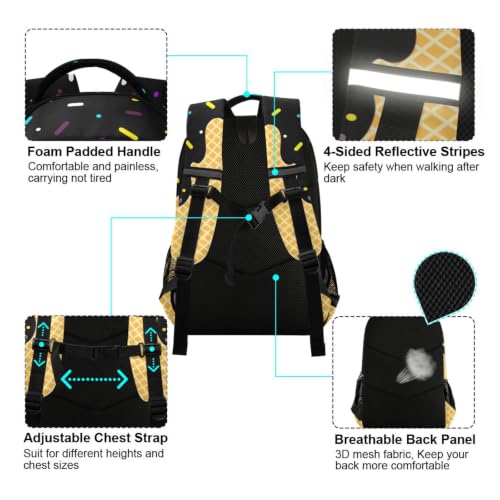 Kids Black Ice Cream Backpack for Boys Girls School Bags | Elementary Middle, Travel Daypack Lightweight Waterproof with Reflective Strip - color: Black Ice Cream