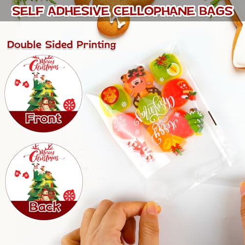 Self-Sealing Christmas Cellophane Treat Bags – 200Pack 4x4 Self-Adhesive Clear Holiday Cookie Bags with Festive Designs for Gift Giving, Small Goodie Bags for Candy, Cookies, Party Favors & Gifts - color: Christmas - 200PCS
