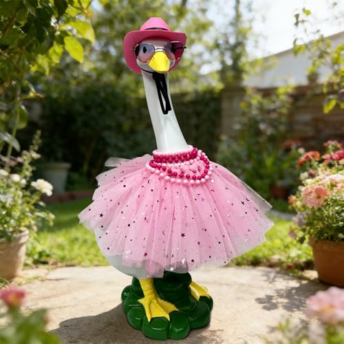 Porch Goose Garden Decor Statues Large White Yard Figurine with Outfit | Resin Statue Duck Wear Pink Dress and Hat, Weatherproof Outdoor Home Decorations Housewarming Birthday Gifts for Mom Women - style: star skirt goose