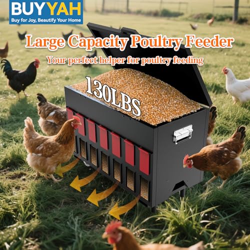 14 Ports Automatic Chicken Feeder 130lbs Capacity | Portable Poultry Feeder, Waterproof Metal Chicken Feeder, Suitable for Geese, Ducks, Turkeys, Quails