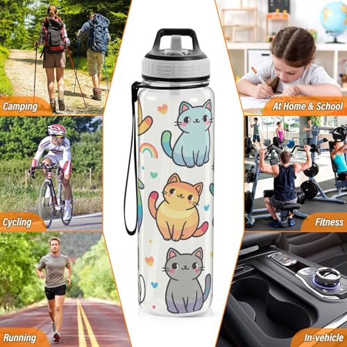 Rainbow Cute Cat 32 oz Water Bottle - Clear Tritan, BPA-Free, LeakProof with Carry Strap for Sports, Gym & Outdoor Activities - color: E483