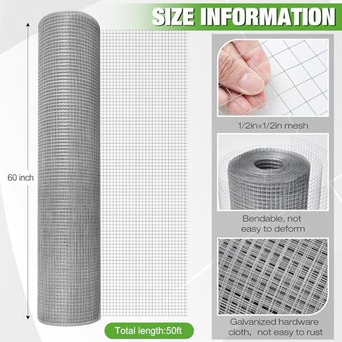 Tatuo Hardware Cloth 1/2 Inch 60in x 50ft Hot Dip Galvanized After Welded Cage Mesh Rolls 21 Gauge Metal Chicken Wire Mesh Roll Wire Fencing Poultry Netting for Raised Garden Rodent Animals - color: Silver, size: 60in X 50ft