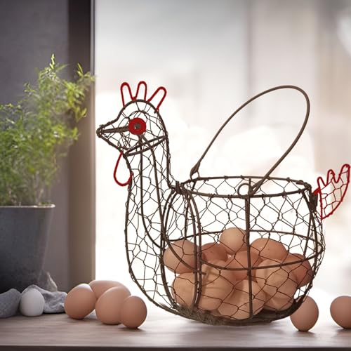 Rooster Shaped Chicken Wire Egg Basket for Gatheirng Fresh Egg | Chicken Egg Basket,Metal Egg Collecting Basket with Handle, Farmhouse Countertop Decor, Chicken Coop& Kitchen