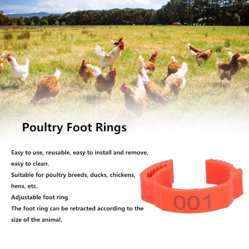 100Pcs Adjustable Numbered Poultry Leg Bands, Red PP Plastic Clip-On Foot Rings 001-100 for Chicken Duck Goose Breeding,0.71-0.83in