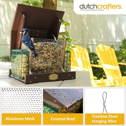 DutchCrafters Poly Hopper Bird Feeder with Suet Holder, Large Bird Feeder for Outdoors Hanging - Amish American Made (Milwaukee Brown & Weatherwood) - color: Milwaukee Brown & Weatherwood