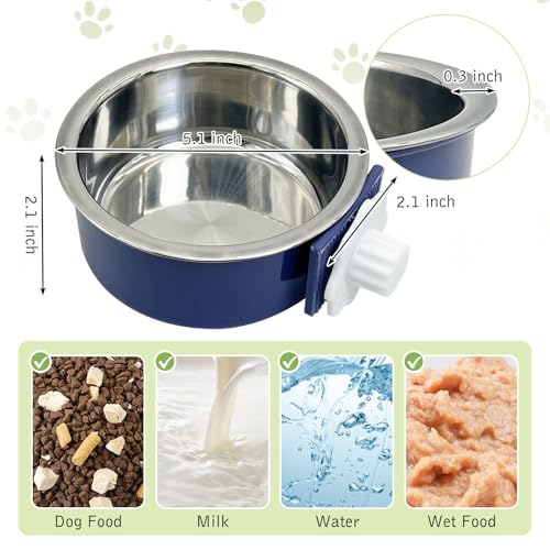 Tfwadmx 2 Pcs Crate Dog Bowl Cat Removable Stainless Steel Food and Water Feeder Hanging Cage Bowls Coop Cup with Cleaning Set for Pet Puppy Bird Rat Guinea Pig Bunny Rabbit (Dark Blue, Gray) - color: Dark Blue, Gray (2 PCS)
