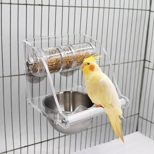 Interactive Bird Feeder with Rolling Foraging Toy - Clear Acrylic Treat Dispenser & Stainless Steel Bowl for Small to Medium Birds | Cage-Mounted with Rust-Resistant Metal Perch