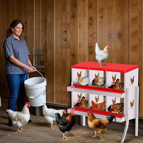 GarveeLife 6 Compartment Chicken Nesting Box with Metal Legs, Nesting Boxes for Chickens, Metal Chicken Laying Boxes with Perch, Secure Lid, Versatile Wall Mount or Free Standing for Hens, Red - color: red, size: 6 grids with legs