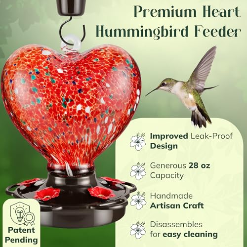 Hand Blown Glass Hummingbird Feeder for Outdoors All Season Use - 28 Fl. Oz. Leak Proof Hummingbird Feeder with Rust Proof Base - Includes Ant Moat, Ant & Bee Proof (Red) - color: Red