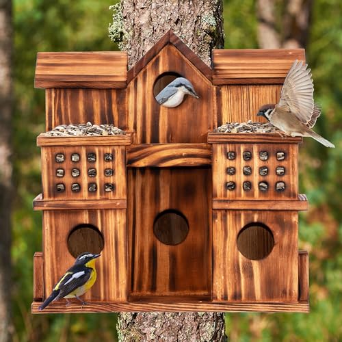MIXUMON 8-Room Wooden Bird House with 2 Front Feeders – Large Outdoor Birdhouse for Multiple Birds, 1.57” Entrance Holes, Easy Access Cleaning Doors, Rustic Burnt Wood Design for Garden, Yard & Patio