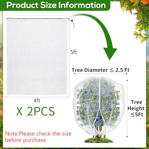 2 Pack 4 x 5 ft Fruit Tree Netting Covers with Zipper and Drawstring | Ultra-Fine Mesh Plant Cover for Fruit Trees, Flowers and Vegetables, Helps Shield Plants from Birds and Insects - size: 5 x 4FT/2Pack
