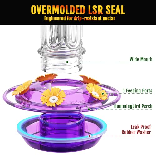 Birdream 10oz Hummingbird Feeders for Outdoors, Plastic Hummingbird Feeder with 5 Bee Guard Feeding Ports & Cleaning Brush, Gift Box Design, Leak Proof, Built-in Ant Moat, Purple - color: Purple, size: 1 Pack