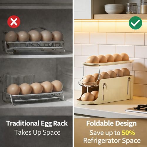 Egg Holder for Fridge, Rolling Egg Holder for Refrigerator, Automatic Egg Dispenser Organizer, Egg Storage Container Rack for Refrigerator Countertop, Space Saving Fridge Organizer （Creamy White） - color: Creamy White