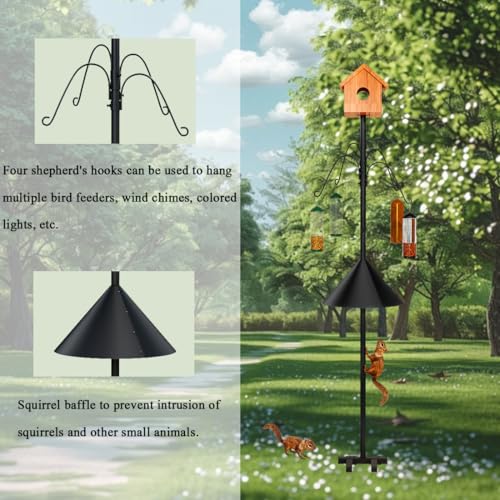 INGIORDAR Bird Feeder Pole with Squirrel Baffle Shepherd Hooks 101.97 in | Bird Feeder Pole with Squirrel Proof Baffle Bird Feeding Station with 4 Shepherd Hooks Garden Yard Bird House Not Included