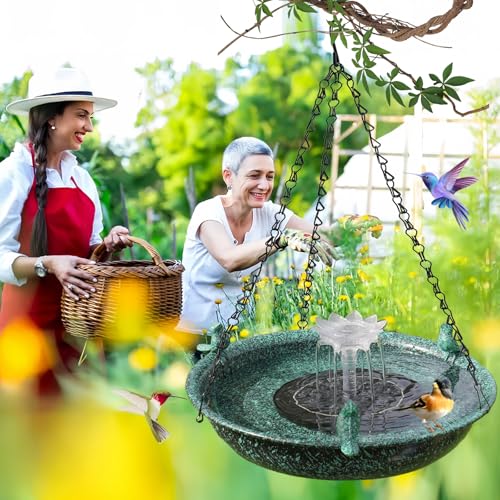 Yiabivo Hanging Bird Bath with Solar Fountain,Metal Hanging Bird Bath for Outside,Outdoor Bird Bath Bowl, for Outdoors Garden Patio Decor